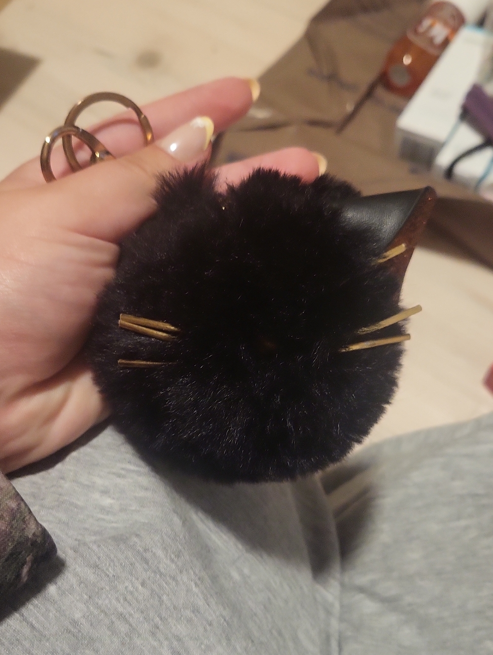 Faux Fur Cat Pom Keychain - Black